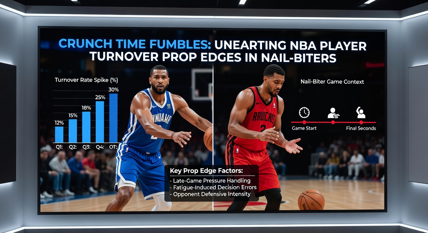 Close-up of an NBA player losing the ball in crunch time amid intense defense, illustrating prop bet vulnerability