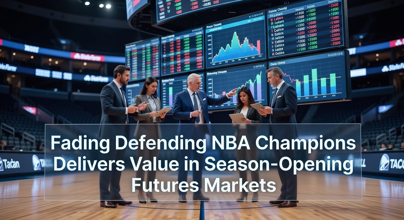 Collage of past NBA defending champions' disappointing futures outcomes, with overlaid charts of preseason odds versus final standings