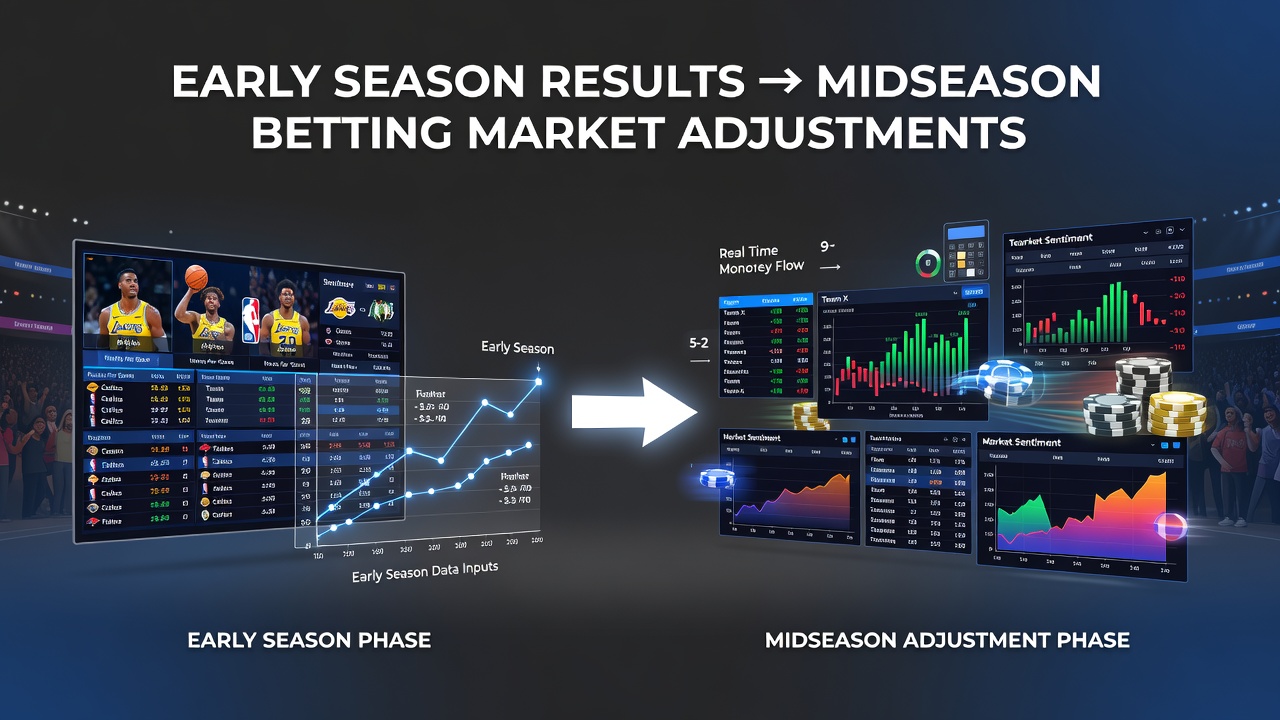 Midseason NBA betting market data screen displaying adjusted odds and team performance graphs
