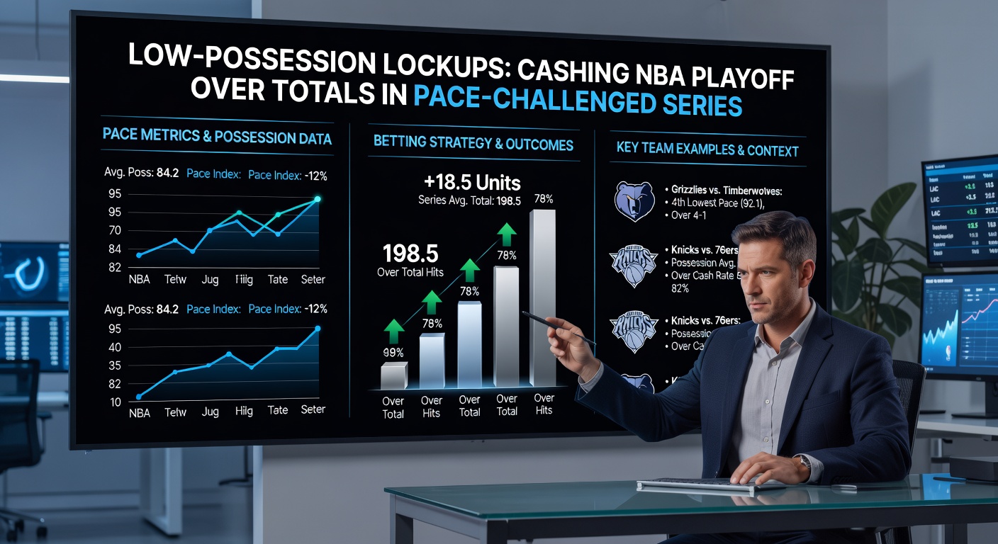 Chart displaying NBA playoff pace versus total points trends, with overs highlighted in low-possession series from 2020-2026