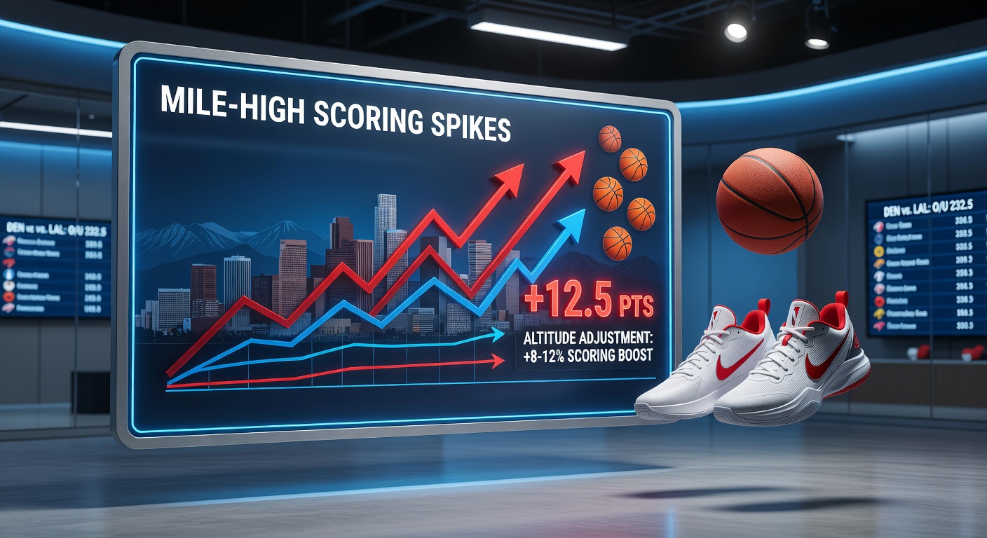 Graph showing NBA total points trends at high-altitude vs. sea-level venues, with Denver and Utah lines spiking notably