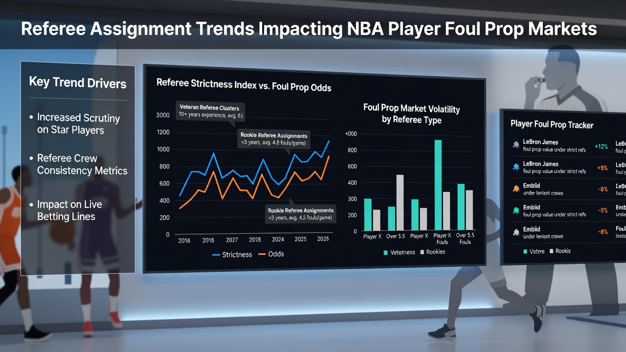 Close-up of an NBA referee reviewing a play on a tablet with statistics overlay