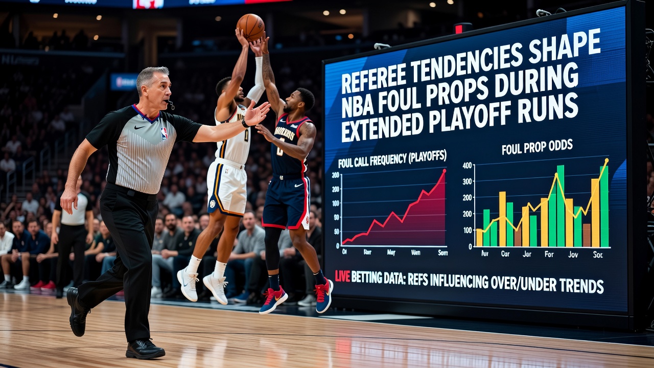 NBA referees signaling foul calls during a high-stakes playoff game with crowded arena in background