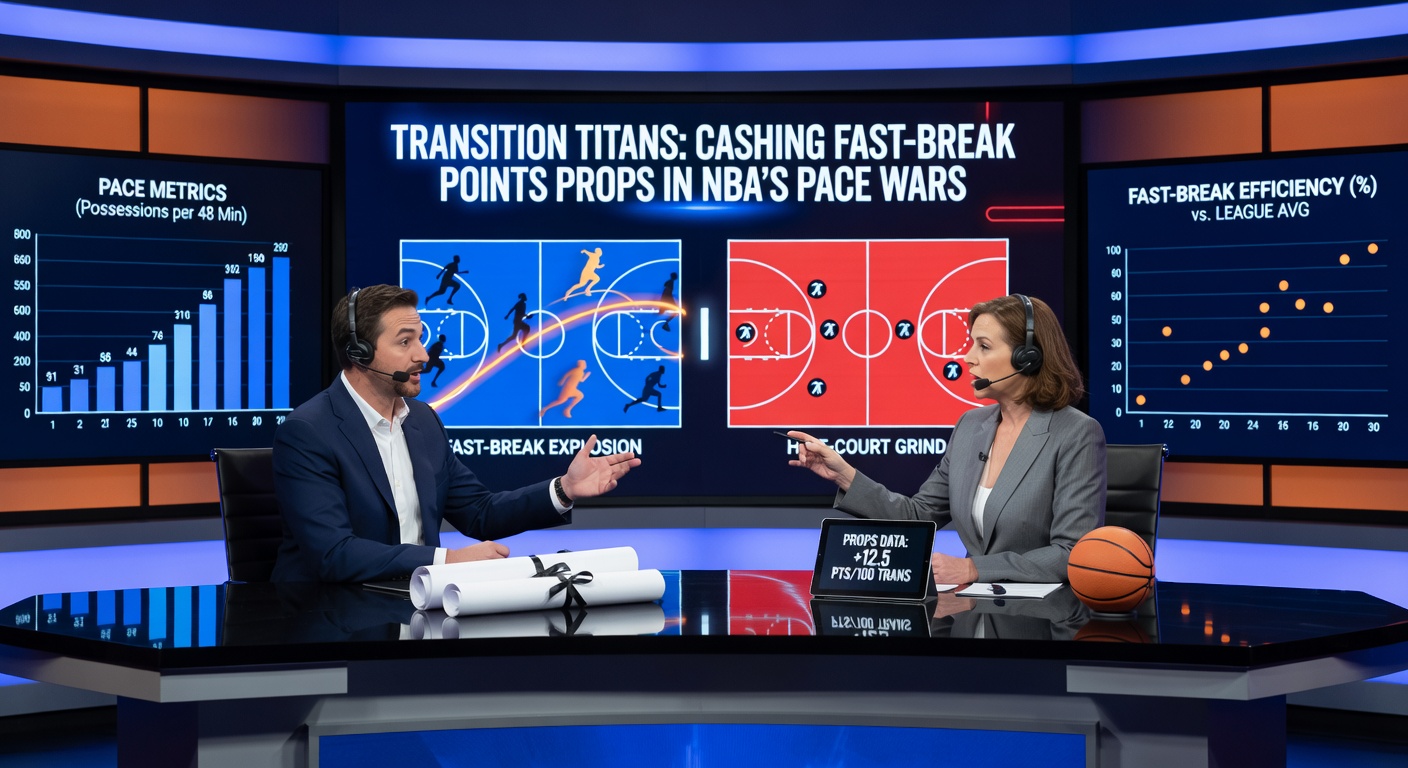 Close-up of an NBA fast break with players crossing half-court, emphasizing speed and scoring in transition