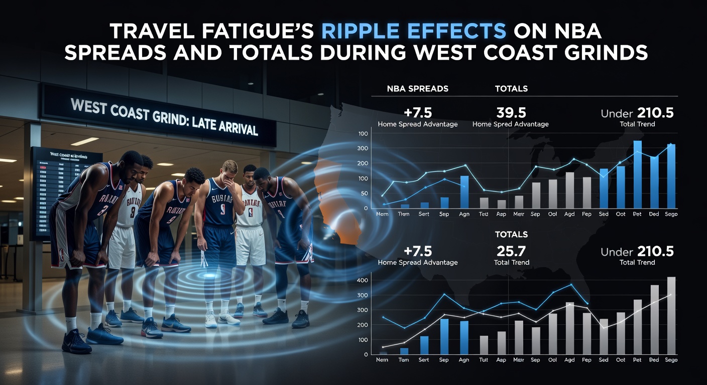 NBA teams traveling across multiple time zones during extended West Coast road trips, showing fatigue impacts on performance metrics