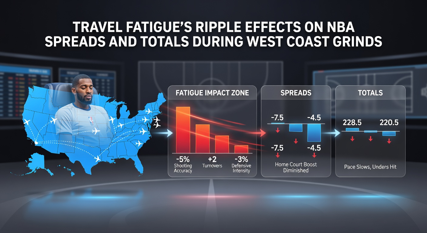 Detailed view of NBA game statistics showing reduced scoring and efficiency during West Coast travel stretches