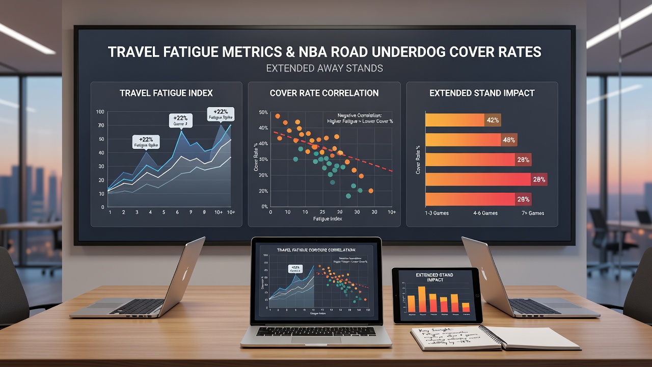 Infographic displaying NBA travel fatigue metrics and underdog cover rate statistics across extended road stands