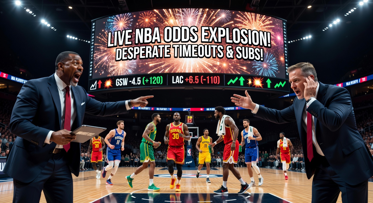 NBA coach urgently calling a timeout during a tense fourth-quarter moment, with players huddled and the scoreboard showing a close score