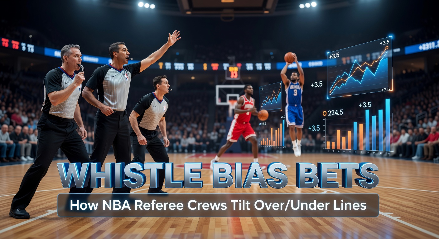 NBA referees signaling a foul during a fast-paced game, highlighting whistle tendencies that influence total points