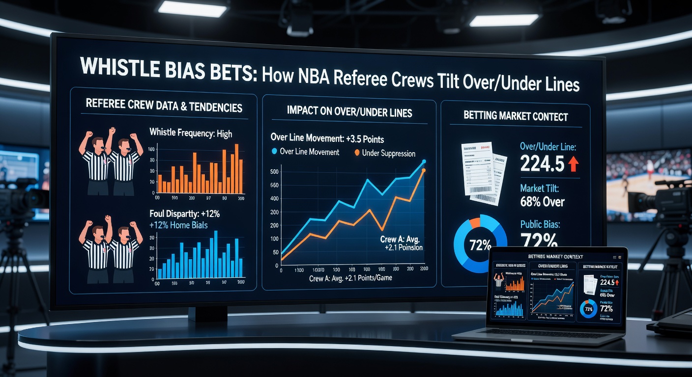 Close-up of an NBA referee crew huddling during a timeout, illustrating how their collective style influences game pace and betting lines