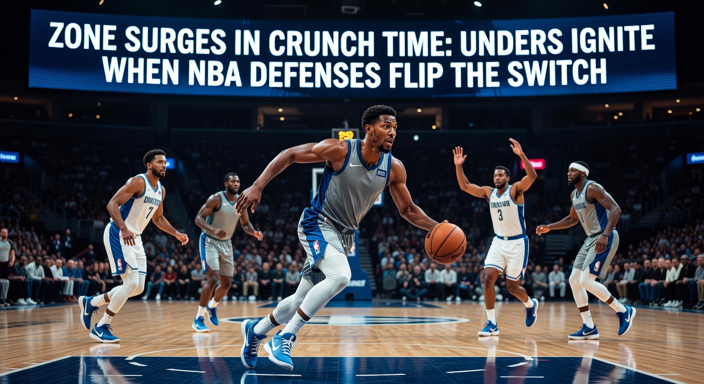 NBA players executing a tight zone defense in the final minutes of a close game, forcing turnovers and contested shots