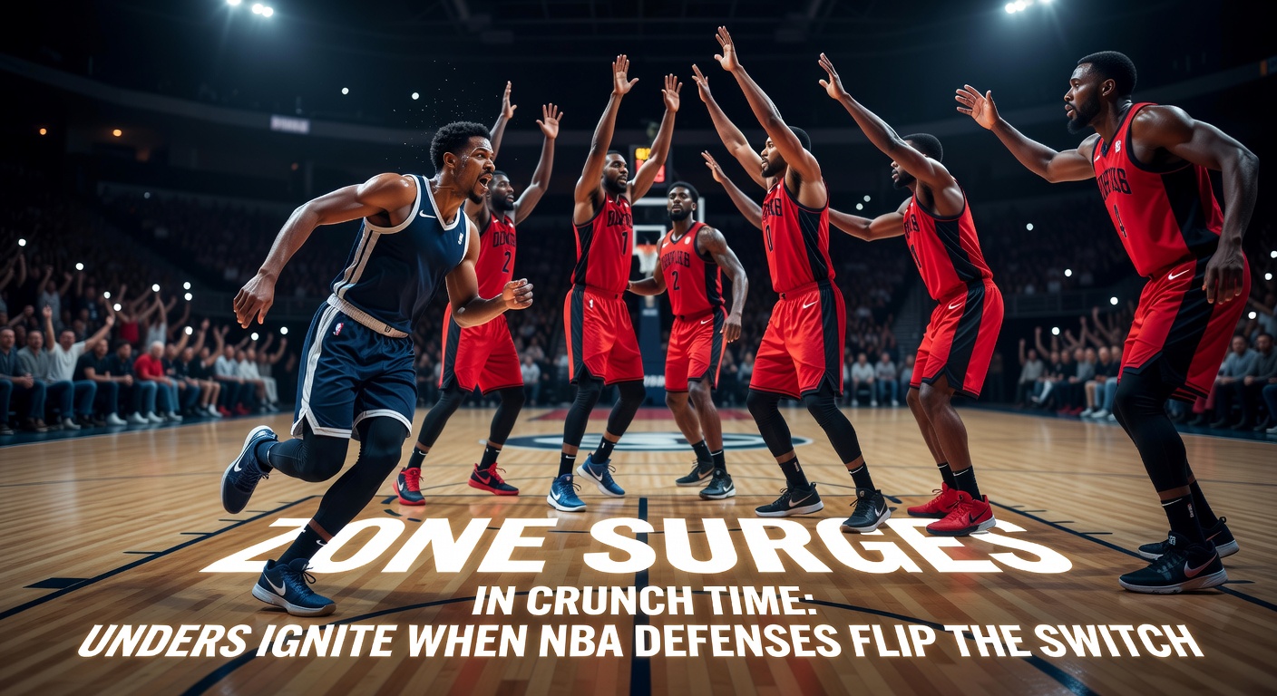 Close-up of an NBA coach signaling a zone defense switch during a timeout in the fourth quarter, with players adjusting on the court